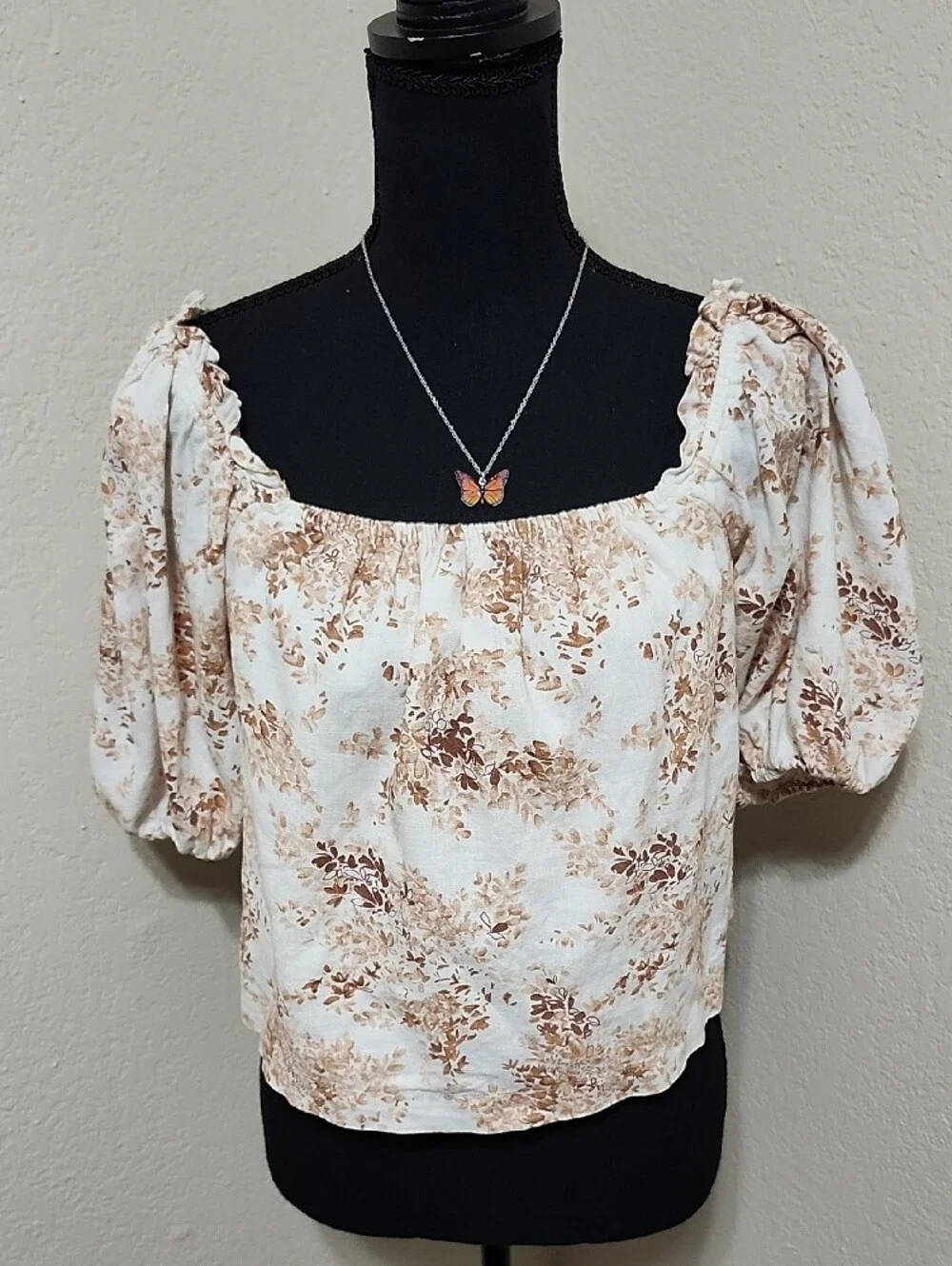 Abercrombie & Fitch Brown Floral Square Neck Puff Sleeve Top Sz S Boho
